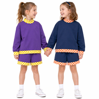 Meisjes katoenen sweatshirt shorts set met contrastbies, lange mouwen, pullover top, casual tweedelig outfit, op maat gemaakte kleur, OEM kleding