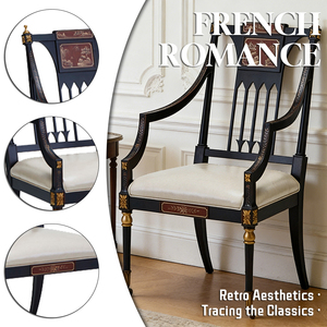 Poltrona Singola Vintage in Legno Massello con Dettagli Chinoiserie e Design Neoclassico, Cornice in Lacca Nera per Soggiorno - Product Image 2