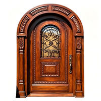 Porte battante cintrée de style antique de luxe en bois massif de noyer avec décoration en fer pour porte d'entrée extérieure