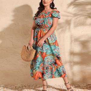 All'ingrosso personalizzato svasato manica corta a fascia Casual estate stampa tropicale taglie forti stile donna abiti Maxi stile hawaiano - Product Image 5