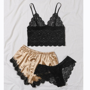 Conjunto de dos piezas de ropa de estar por casa de imitación de seda negra, estilo europeo y americano, a la moda y cómodo, al por mayor. - Product Image 1