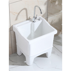 อ่างล้างหน้าเซรามิก Lida แบบตั้งพื้นเดี่ยว พร้อมก๊อกน้ำ ผิวมันเงา ขาสูง สำหรับห้องน้ำและระเบียง - Product Image 3