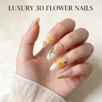 Vente en gros de faux ongles en amande avec fleurs 3D de luxe, papillon doré, perles, pour femmes, manucure