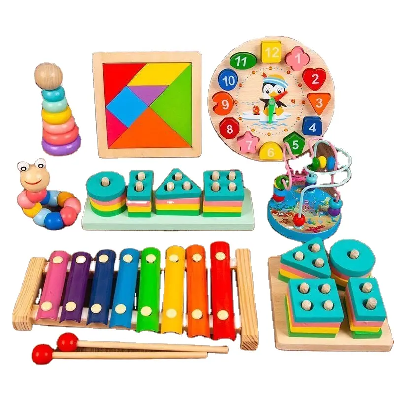 Conjunto de brinquedos educativos de madeira Montessori | Kit de aprendizagem precoce para bebês | Iluminação Brinquedos Educação Infantil