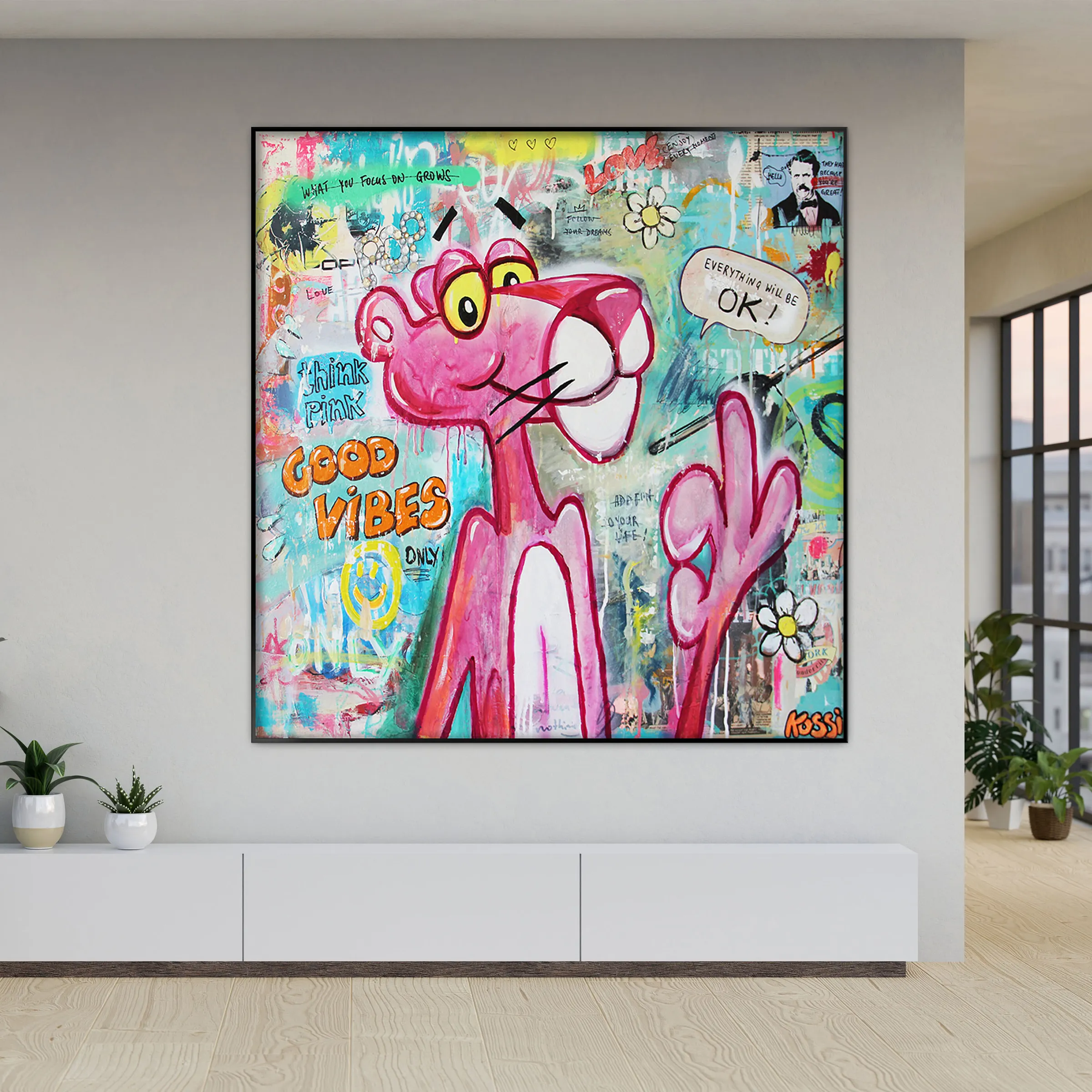 Life is beautiful Pop Art Canvas Oversized Painting Large Graffiti Art Pink Animal Oil Painting on Canvas