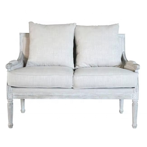 قماش كتان إطار خشبي أبيض مغسول عتيق ، أريكة بمقعدين - Product Image 1