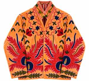 Elegant Orange <b>Velvet</b> Embroidered Solid Cotton Lining Bomber <b>Jacket</b> <b>Women</b> Handmade Ethnic Boho V-neck Long Sleeve Designer - Product Image 4