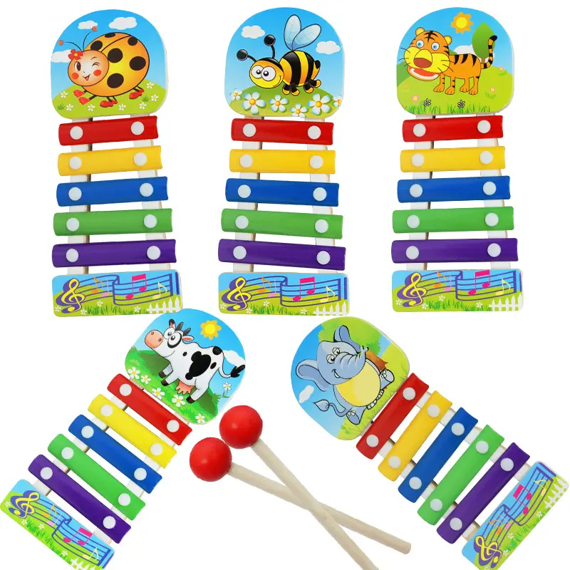 Wooden Cartoon Animal 5-Tone Kids Baby Educational Kick N Play Piano Toy Musical Instrument