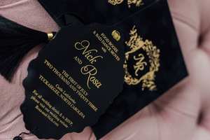 Enveloppe en velours de luxe, carte d'<span class=keywords><strong>invitation</strong></span> élégante en <span class=keywords><strong>plexiglas</strong></span> miroir noir avec impression en feuille d'or, invitations de <span class=keywords><strong>mariage</strong></span> en acrylique - Product Image 3