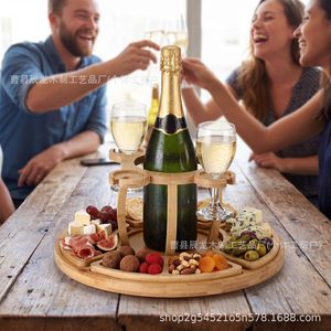 Plateau à fromage rond en bambou avec porte-verres à vin, plateau rotatif pour apéritifs et en-cas pour servir lors de fêtes - Product Image 3