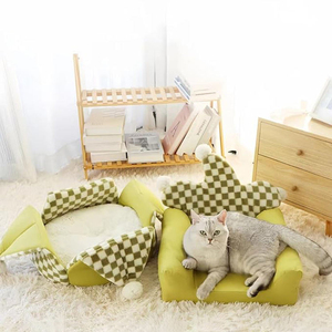 Cat <b>Bed</b> for All Seasons Warm Large Space Semi-Enclosed Teddy Design Checkered Pattern Large Detachable Washable Pet <b>Bed</b> Mat - Product Image 2