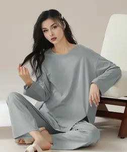 2PCS Simple Solid Color Modal Round Neck Slit Top and Long Pants Comfortable Homewear Custom Loungewear Women Sets