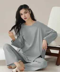 2 Stück einfache solide Farbe modaler rundhalsausschnitt schlitztop und lange Hosen bequeme Heimwäsche individuelle Freizeitkleidung Damen-Sets