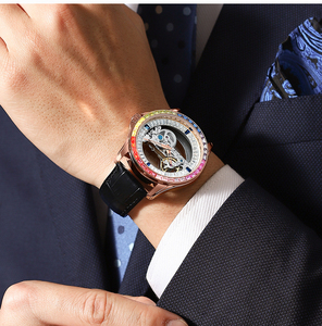 Montre mécanique automatique de <span class=keywords><strong>luxe</strong></span> pour <span class=keywords><strong>homme</strong></span> avec design squelette double, <span class=keywords><strong>lunette</strong></span> en zircon arc-en-ciel, boîtier en acier inoxydable, étanche - Product Image 5