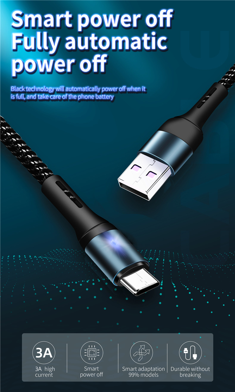ICEBINGO 2020 new arrival QC3.0 Fast charging Smart power off breathing light data cable Mirco  type C charging cable for iPhone