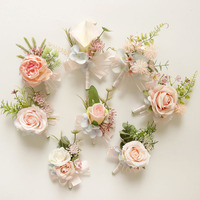 Boutonnière de mariage artificielle en forme de rose, ensemble de corsage de poignet pour la mariée, épingle florale rose pour le marié, en stock