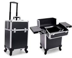 Professional Aluminum Cosmetics Make Up Trolley Case Large Capacity Makeup Vanity Bag Trolley Luggage Case