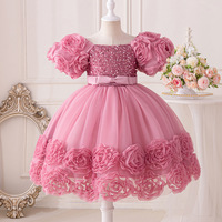 MQATZ Noble Princess Summer Evening Dress Girls 2-10 Years Satin Pink Flower Wedding Party Dress Beading Fluffy Mesh Ball