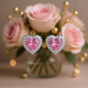 E1492 Orecchini a perno a forma di cuore con cristallo rosa incastonato, gioielli romantici da donna per tutti i giorni in lega di zinco - Product Image 2