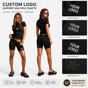 Ensemble décontracté d'été pour <span class=keywords><strong>femme</strong></span> : T-shirt ajusté à manches courtes et short cycliste – Tenue de sport deux pièces pour la gym et l'entraînement - Product Image 2