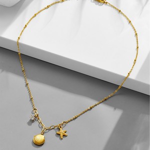 Pendentif unisexe en acier inoxydable plaqué or 18 carats PVD, étoile de mer, coquillage, cristal |   Ensemble de bijoux chaînes à breloques Océan et Plage, anti-ternissement - Product Image 4