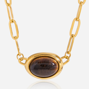 Collier Œil de Tigre avec Sertissage Ovale, Chaîne en Or, Bijou de Clavicule, Cadeau, Chaîne de Pull Tendance - Product Image 1