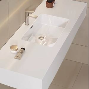 . Meuble de salle de bain minimaliste italien en bois massif, avec plan de travail en pierre, vasque intégrée et miroir intelligent anti-buée - Product Image 2