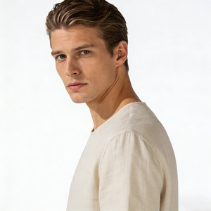 Camiseta de <span class=keywords><strong>Hombre</strong></span>, Corte Relajado, Tela de Lino, Transpirable, Ligera, Color Beige, Dobladillo Curvo, Informal, para Uso Diario, con Costura Central - Product Image 2