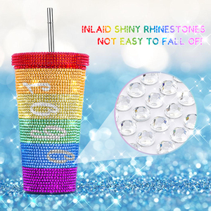 Taza de café de acero inoxidable con diamantes de imitación brillantes, termo portátil térmico con tapa de paja - Product Image 5