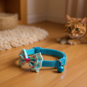 Elegante Collar para Gato Azul con Lazo de Lunares y Campana, Material de Poliéster, Cierre de Hebilla, Talla Pequeña, para Todas las Estaciones, para Gatos - Product Image 2