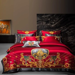 Ensemble <span class=keywords><strong>de</strong></span> literie en <span class=keywords><strong>satin</strong></span> doré luxueux, jacquard équestre et broderie, ensemble <span class=keywords><strong>de</strong></span> couette taille King - Product Image 2
