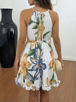 Combinaison courte pour femme à imprimé floral, col licou, ourlet à volants, ceinturée, vente en gros, personnalisable