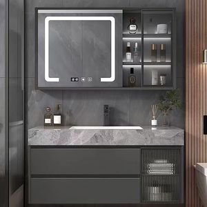 Mueble de Baño con Encimera de Losa, Lavabo Integrado, Espejo Inteligente y Gabinete de Madera Sólida Multicapa Gris - Product Image 4