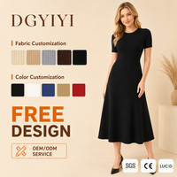 Gaun Midi Rajut Grosir Kerah Bulat Lengan Pendek Model A-Line Wanita Bahan Lembut Elastis Kasual Sehari-hari Logo Kustom OEM Gaun Midi