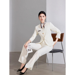 Women's Off-White <b>Blazer</b> And Trousers <b>Set</b> Long Sleeve Formal Workwear For Commute Anti-Wrinkle Worsted Fabric - Product Image 2
