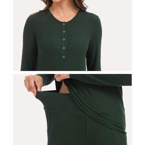 Conjunto de pijama de manga larga para mujer, suave y transpirable, de viscosa de bambú, pantalones largos con botones para mujer - Product Image 3