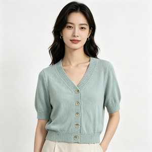 เสื้อสเวตเตอร์ถักแขนสั้นผู้หญิง สีพื้น ถักด้วยคอมพิวเตอร์ คอกลม น้ำหนักเบา ใส่ได้ทุกวัน - Product Image 1