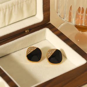 Geometric Rhinestone <b>Stud</b> <b>Earrings</b> <b>Black</b> Gold Plated 18K Stainless Steel Bezel Setting For Women Fashion Jewelry - Product Image 2