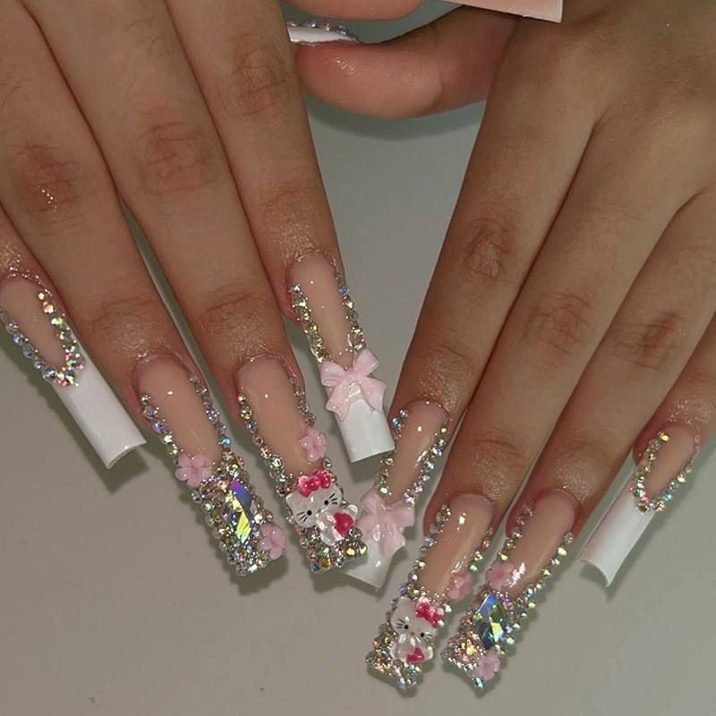 Wholesale 24Pcs Reusable Long Coffin False Nails Bling 3D Hello Kitty Design Press on Nails for Girls