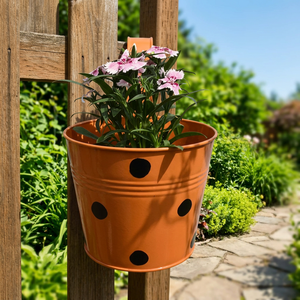 Pot de fleurs suspendu en métal orange avec points noirs pour plantes de jardin - Product Image 1