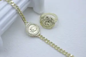 14k vàng đồng trang sức cưới thiết lập cho phụ nữ đồng xu trang sức với Brave portrai Vòng đeo tay