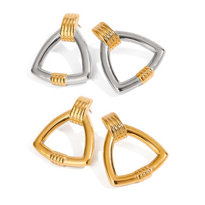 Geometric <b>Stud</b> <b>Earrings</b> 18k Gold Stainless Steel Ribbed Design Party Fashion Jewelry - Product Image 1
