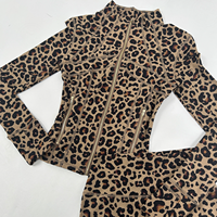 Setelan Olahraga Wanita 2 Potong, Jaket Yoga Kerah Tinggi Motif Leopard dengan Ritsleting Emas dan Legging Pinggang Tinggi