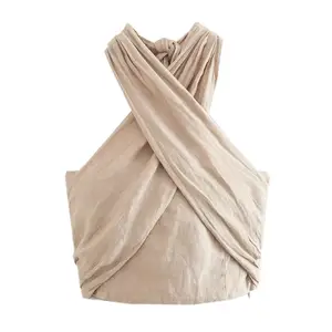 Women Sexy Sleeveless Elegant Light Beige Scarf Central Knot A Versatile Accessory for Any Occasion T-shirts Women Summer blouse