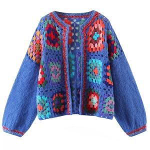 Cardigan en maille <span class=keywords><strong>de</strong></span> <span class=keywords><strong>mohair</strong></span> pour femme, coupe courte, style vintage, motif floral carré, boutons personnalisés, modèle 2026 - Product Image 1