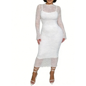 ชุดเดรสลูกไม้ซ้อนทับ 2 ชิ้นสำหรับผู้หญิง ชุดเดรสเนื้อผ้ามีเท็กซ์เจอร์พร้อมเสื้อแขนยาวผ้าซีทรู แฟชั่น - Product Image 3