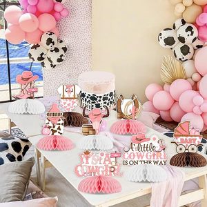 8 pièces Décoration de table en papier écologique rose, thème Cowgirl Western, centre de table nid d'abeille pour baby shower Cowgirl - Product Image 6