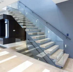 木制扶手预制楼梯室外室内浮动楼梯直形，浮动楼梯夹层玻璃胎面