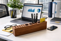Boîte de rangement de bureau en bois avec 3 compartiments de rangement, plateau porte-stylos