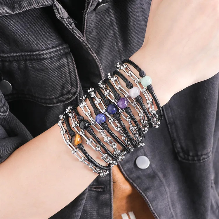 Men Natural Stone Bead Stainless Steel Double Layer Chain Magnetic Clasp Black Genuine Leather Bracelet